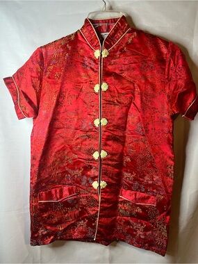 Traditional Red Mandarin pajama set with Floral Embroidery